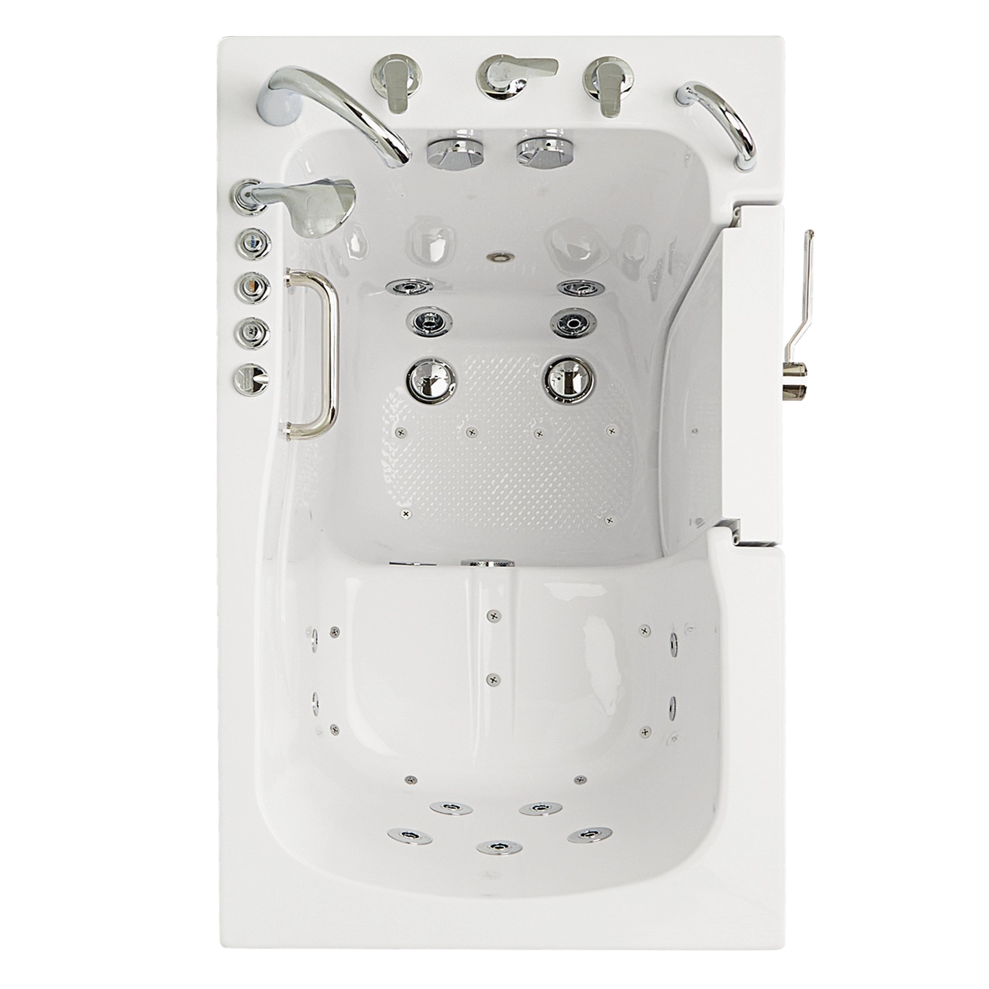 Overhead view of the Ella Monaco walk-in tub interior showing hydro jets, air jets, grab bars, and outward swing door
