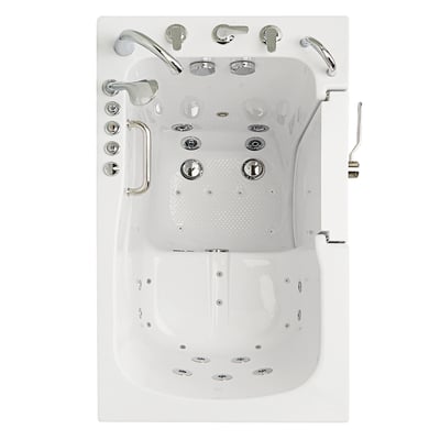 Overhead view of Ella Monaco walk-in tub interior showing hydro jets, air jets, grab bars, and outward swing door
