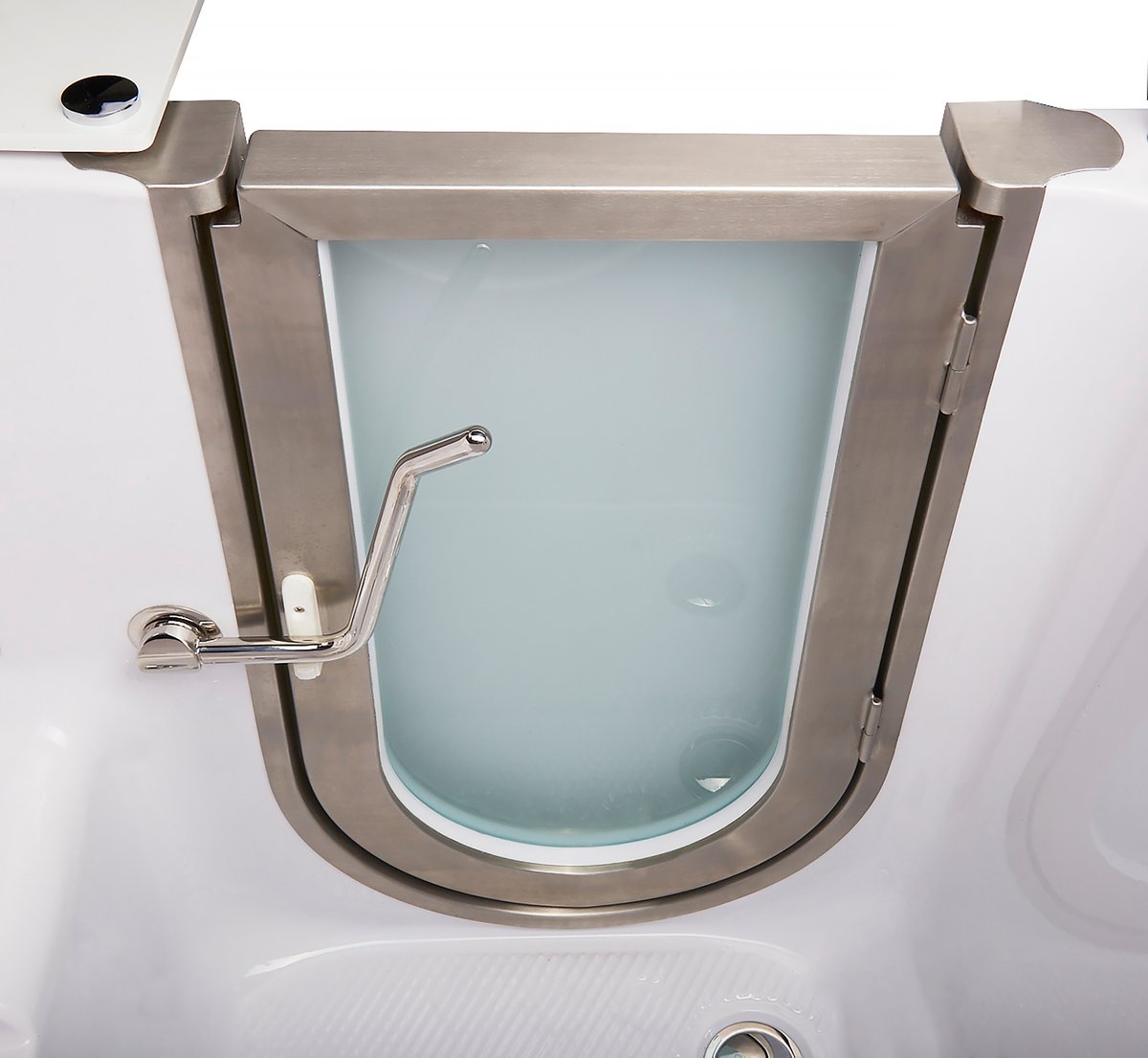 Puerta abierta de acero inoxidable y bandeja giratoria en una bañera con puerta Ella Royal vista desde arriba