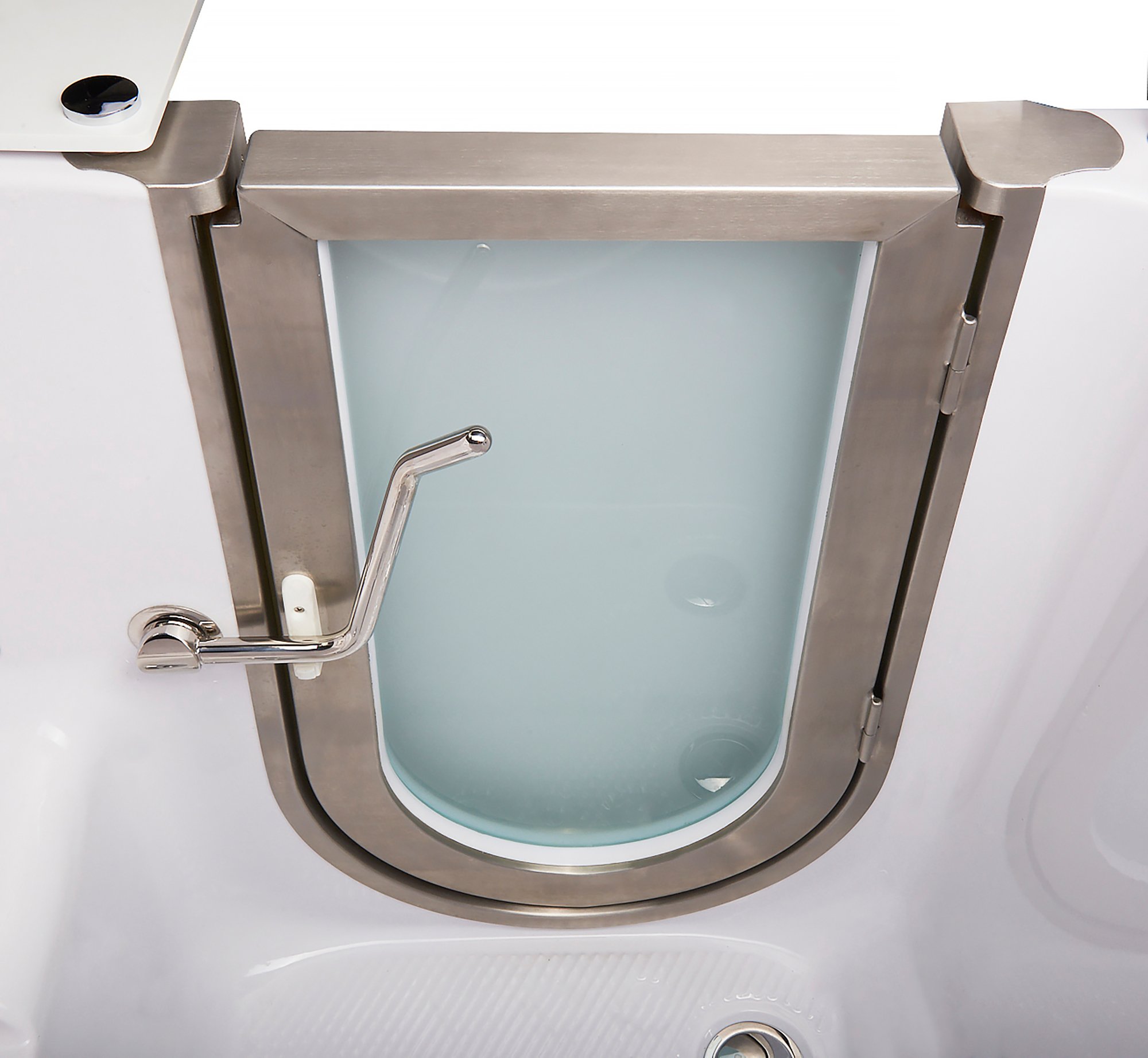 Open stainless steel door and swivel tray on an Ella Royal walk-in tub seen from above