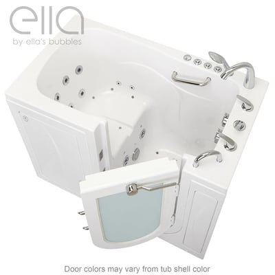 Ella Monaco walk-in tub with outward swing door open, showing hydro jets, chrome faucet, and grab bar on white acrylic shell