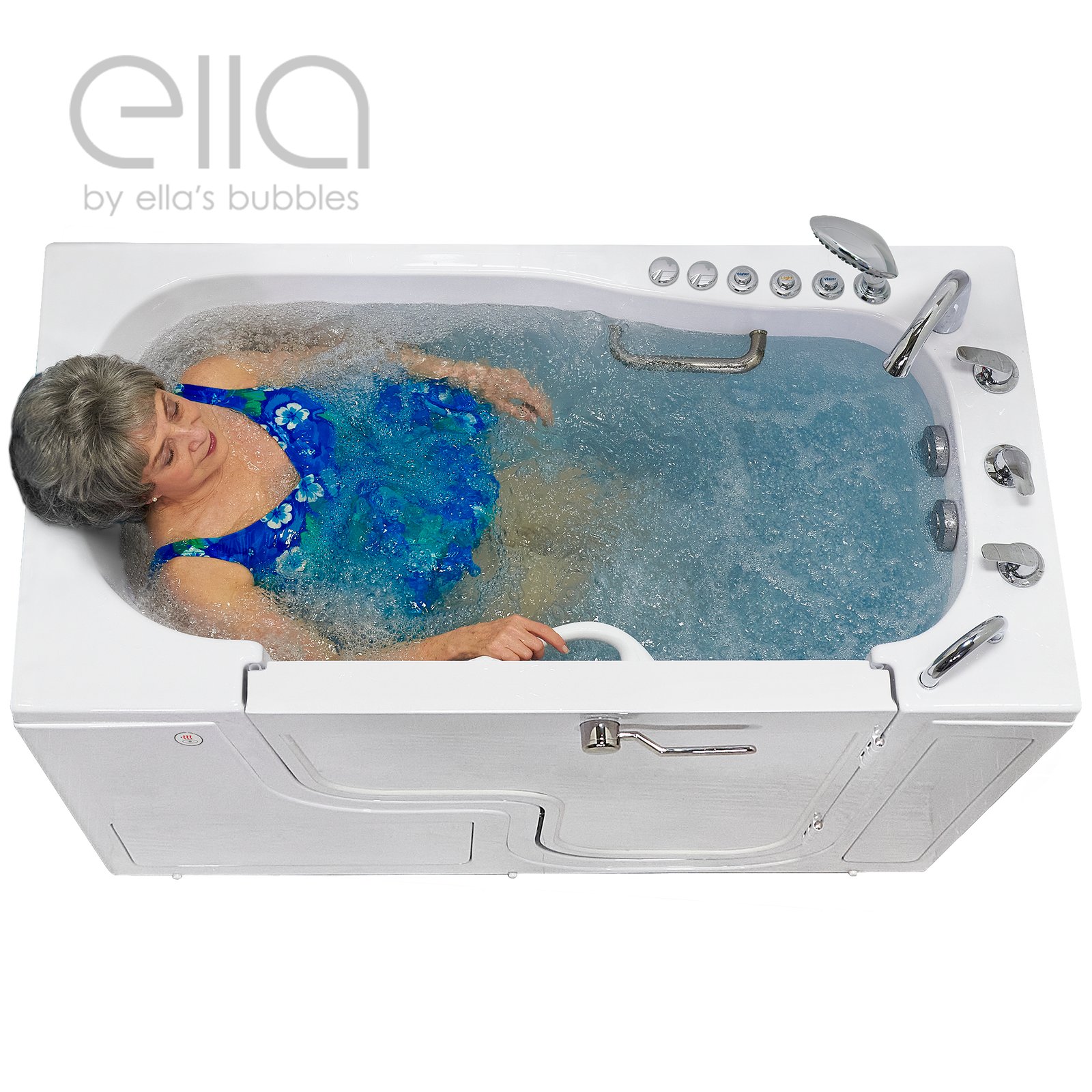Senior woman relaxing eyes closed in an Ella Transfer60 walk-in tub with air bubble massage jets and chrome controls
