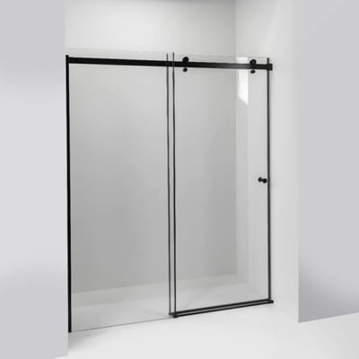Puerta de ducha corredera Ella Primo con marco en negro mate y paneles de vidrio templado transparente en un hueco de baño blanco moderno