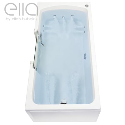 Vue de dessus de la baignoire à porte allongée Ella's Bubbles remplie d'eau montrant les hydrojets et la porte en verre à ouverture intérieure