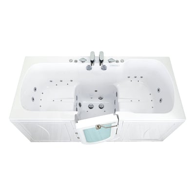 Overhead view of Ella Big4Two two-seat walk-in tub with outward swing door, air and hydro jets, and chrome faucet set