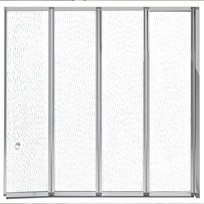 Four fold tempered glass shower screen fully extended, textured panels set in a bright chrome frame.