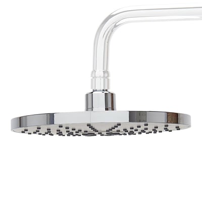 Close-up of a polished chrome 8-inch round rainfall shower head with wall-mount arm for accessible walk-in showers