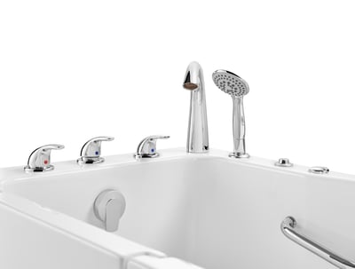 Close-up of chrome faucet controls, spout, and handheld showerhead on an Ella Standard walk-in tub deck
