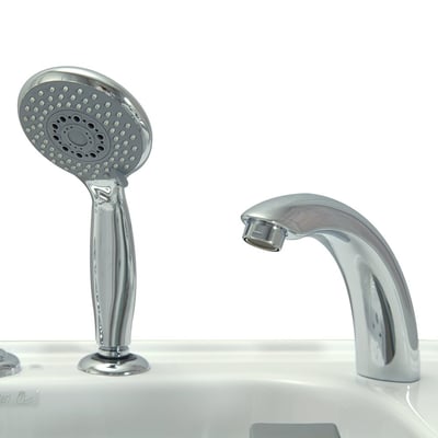 Close-up of a chrome handheld showerhead and curved faucet spout mounted on a walk-in tub deck