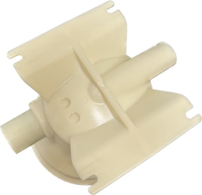 Close-up of a white plastic microbubble pressure tank fitting component used in Ella's Bubbles walk-in tub systems