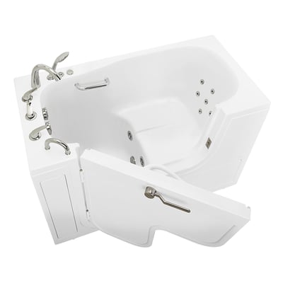 Ella Transfer60 wheelchair accessible walk-in bathtub with outward swing door open, hydro jets, grab bar, and chrome faucets