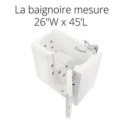 Baignoire à porte Ella Mobile 26 × 45” avec porte ouverte à ouverture vers l’extérieur, montrant les hydrojets et la robinetterie chromée
