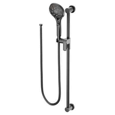 Matte black handheld shower head with adjustable slide bar, flexible hose, and multi-function spray for accessible shower stalls