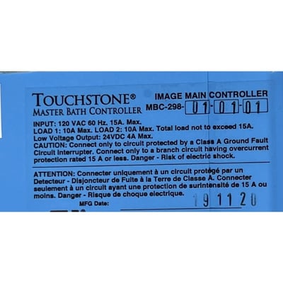 Étiquette du contrôleur de bain principal Touchstone MBC-298 indiquant les spécifications électriques et les avertissements de sécurité
