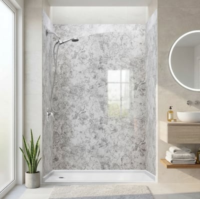 Ella Glacier Grey acrylic panel shower stall with marble-look walls, chrome handheld showerhead, and white low-threshold shower base