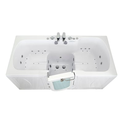 Overhead view of Ella Big4Two two-seat walk-in tub with outward swing door, air and hydro massage jets, and chrome faucet set