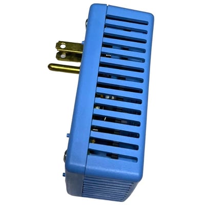 Side view of a blue walk-in tub inline heater unit with vented housing and two-prong electrical plug