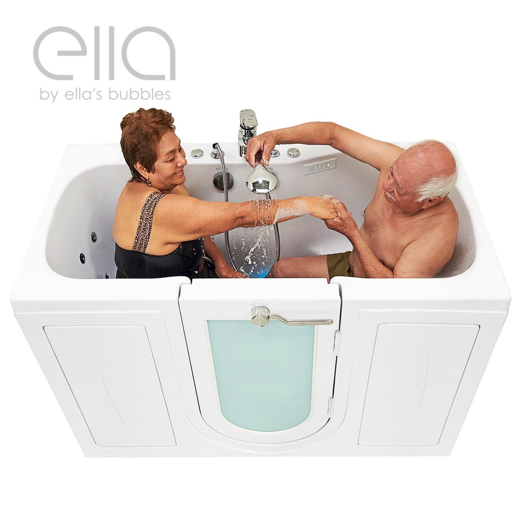 Senior couple laughing and playing with handheld showerhead together inside the Ella Two-Seat walk-in tub