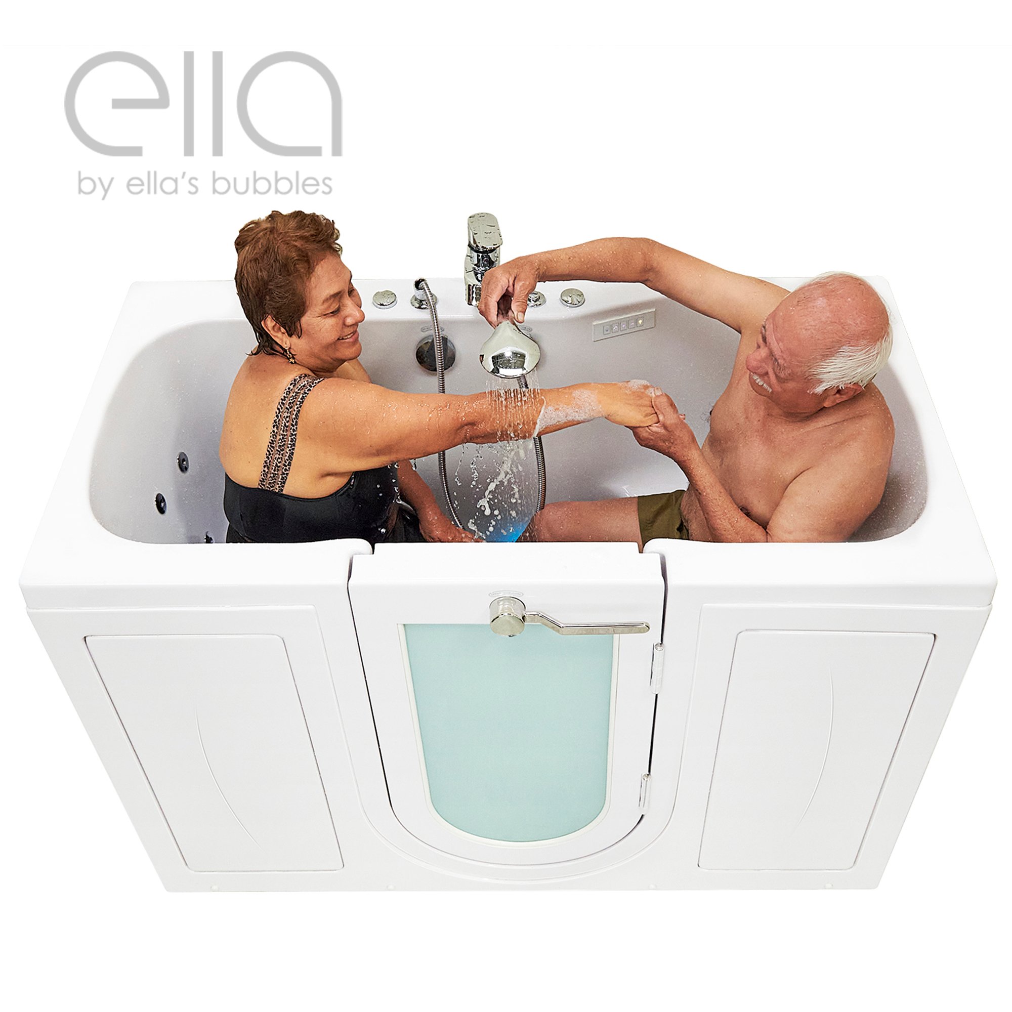 Senior couple laughing and playing with handheld showerhead together inside the Ella Two-Seat walk-in tub