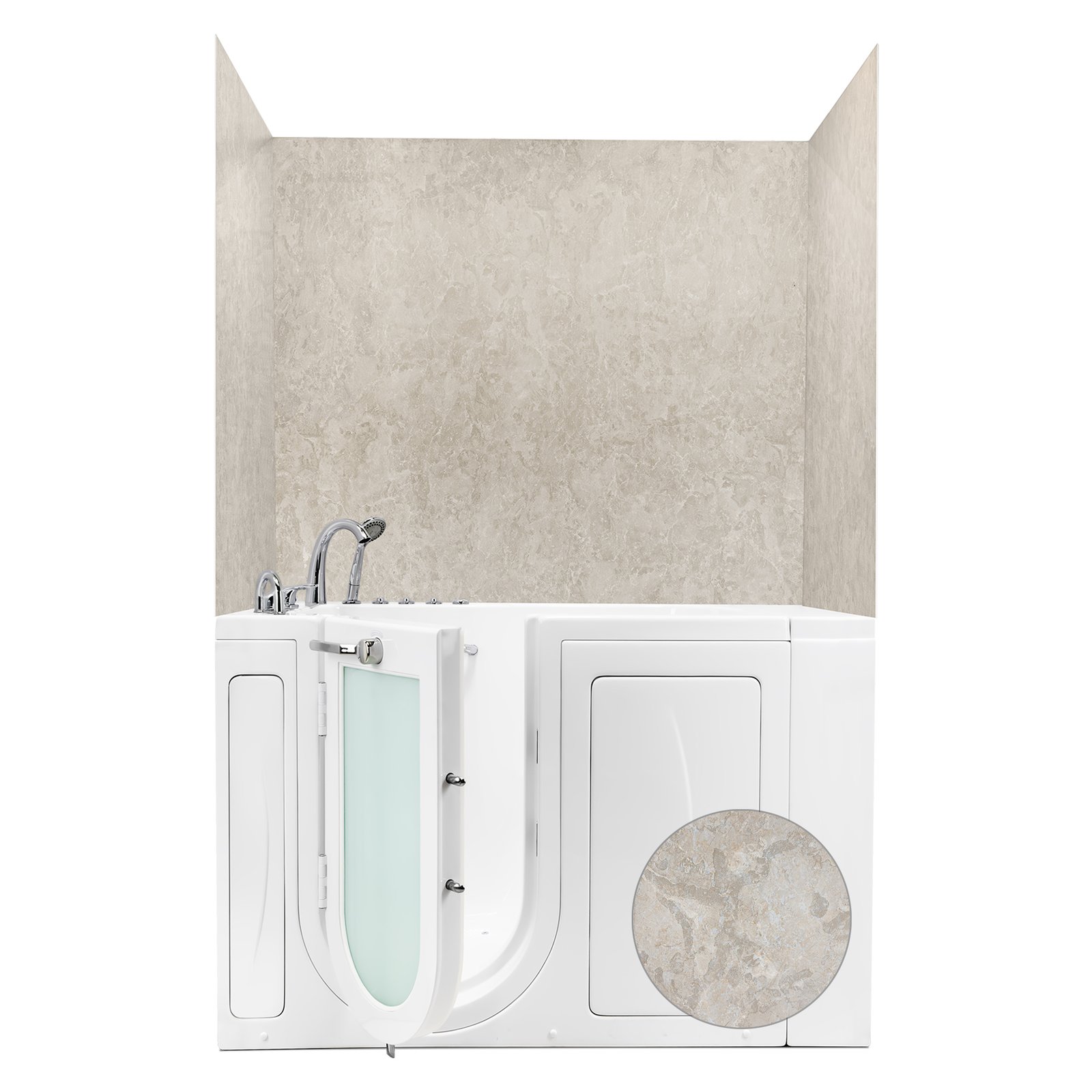 Beige Desert Stone acrylic wall surround around a walk-in tub with a round stone finish sample