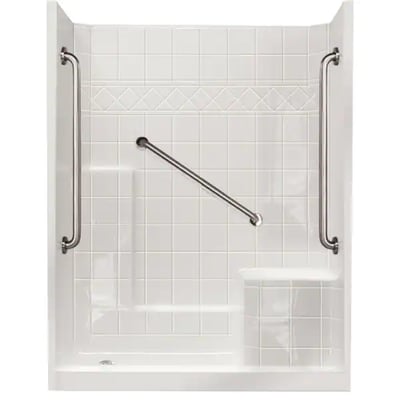 White Ella accessible shower stall with tile pattern walls, stainless steel grab bars, built-in seat, and low-threshold entry