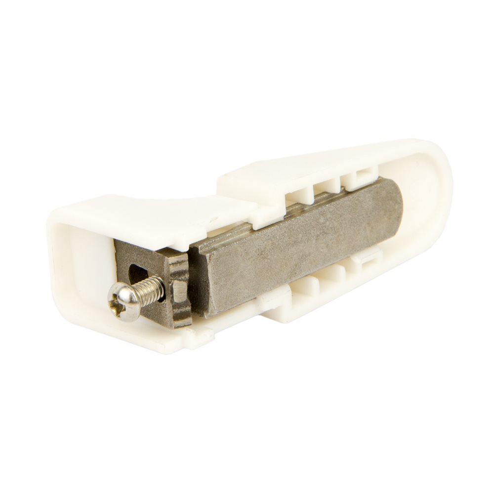 Primer plano de un pestillo de repuesto de plástico blanco y metal para la puerta de una bañera con puerta Ella