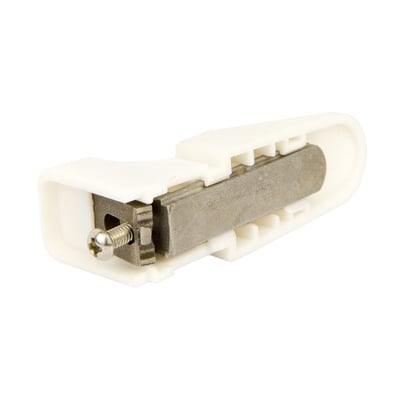 Close-up of a white plastic and metal door latch replacement part for an Ella walk-in tub door assembly
