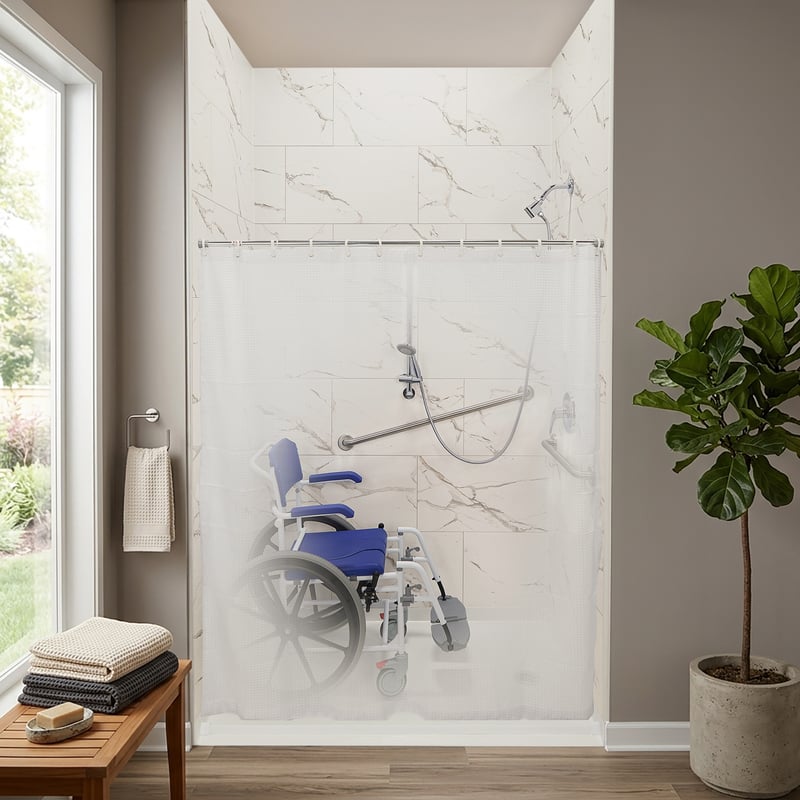 Shower commode chair rolled into a barrier free walk in shower on a low threshold wheelchair accessible shower pan.