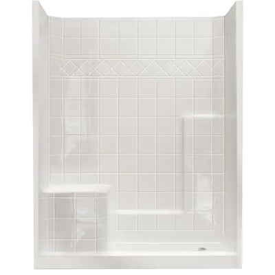 White Ella accessible shower stall with built-in left bench, right shelf, and decorative tile pattern on wall panel