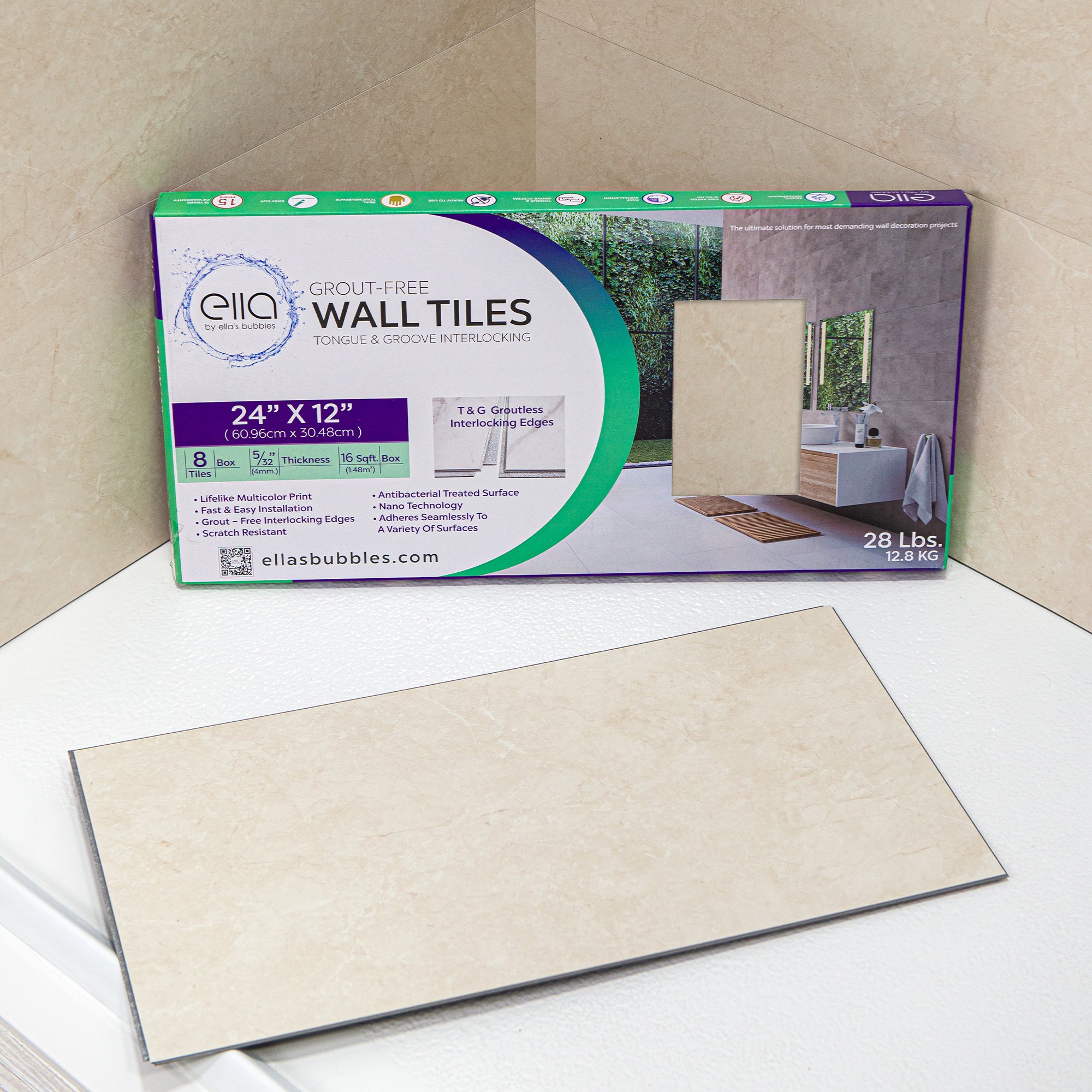 Ella's Bubbles grout-free wall tile box with a single 24x12 inch marble beige tongue and groove interlocking tile displayed in front