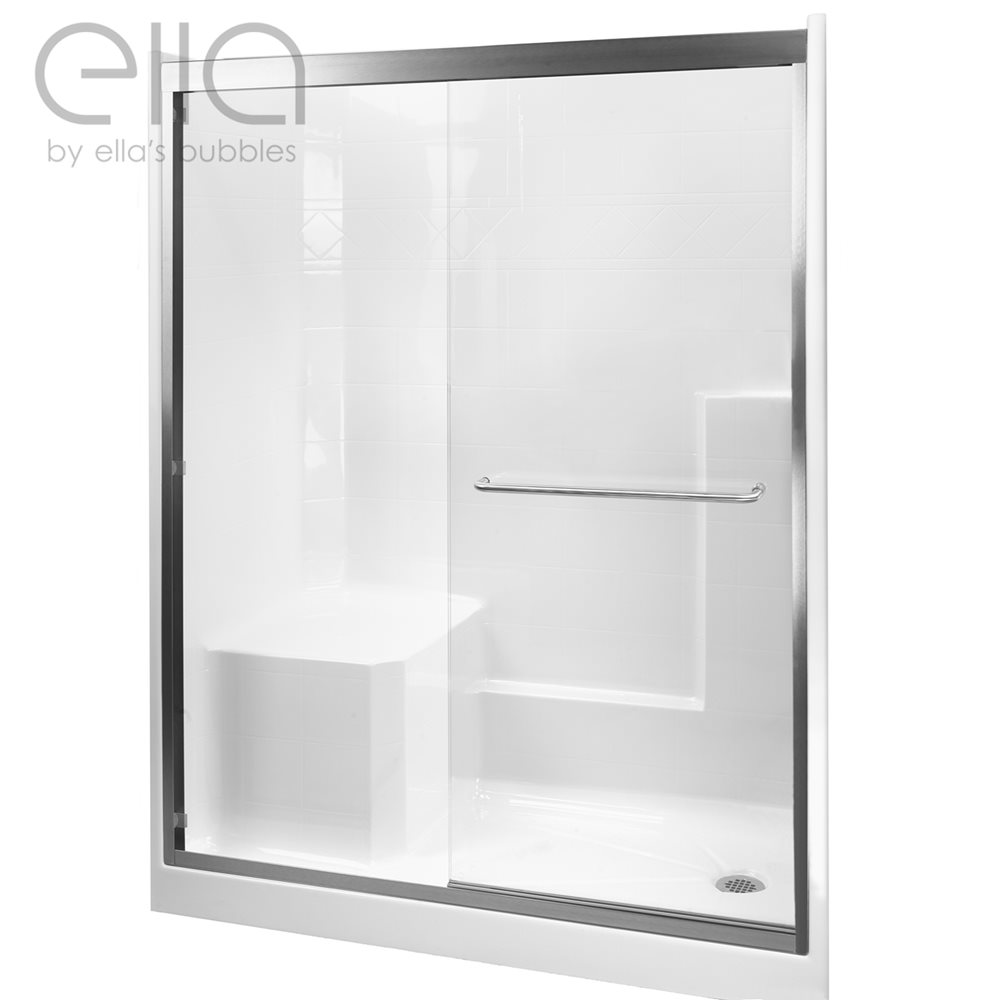 Ella Duo 55 by 70 framed sliding shower door on an accessible shower stall with built-in bench seat and chrome grab bar