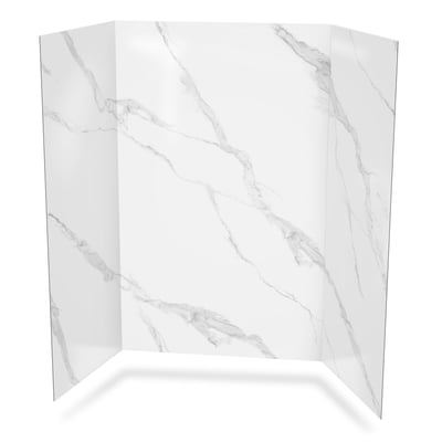 Three-panel Calacatta Lux shower wall surround with white marble veining pattern for walk-in tub or shower stall
