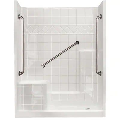 White Ella accessible shower stall with stainless steel grab bars, built-in seat, and step entry on right side