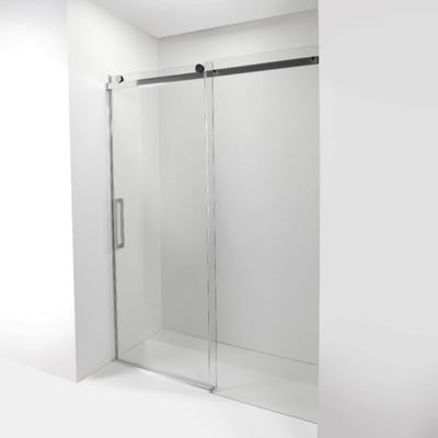 Ella frameless sliding shower door with clear tempered glass panel and chrome hardware on white shower base