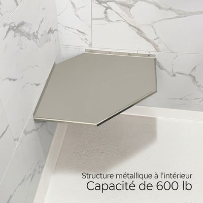 Siège de douche en acier inoxydable monté en angle, capacité structure métallique 600 lb, installé dans l’angle d’une cabine de douche accessible