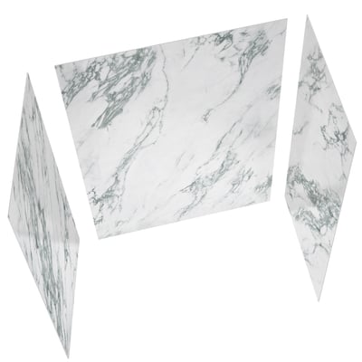 Three-panel Verde Alpi Light marble-pattern shower wall surround kit with green and white veining shown in exploded view