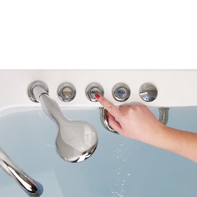 Hand pressing the Micro jet control button on an Ella walk-in tub panel with Light, Micro, and Water push controls