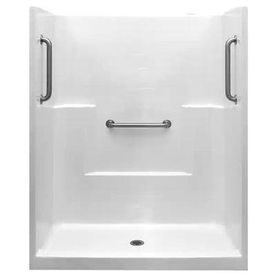 White Ella accessible shower stall with stainless steel grab bars on three walls and low-threshold base