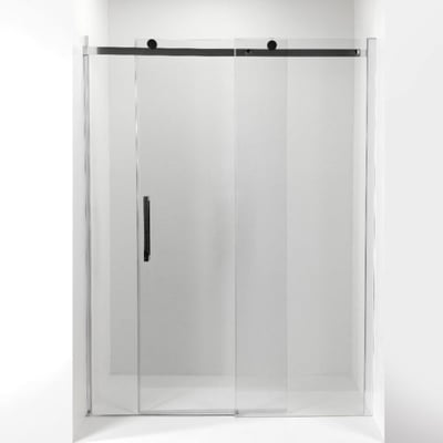 Ella Beeos tempered glass sliding shower door with matte black hardware and frameless bypass panel design