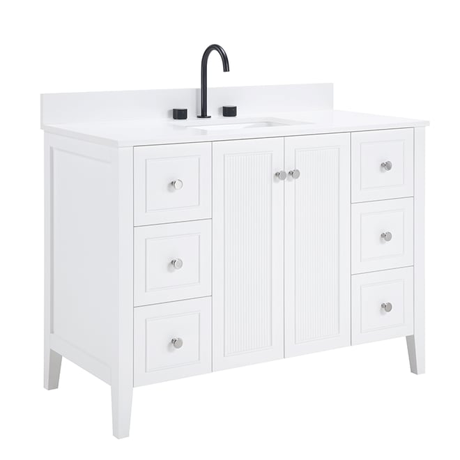 White Lille bathroom vanity with quartz countertop, undermount sink, matte black faucet, and chrome drawer pulls