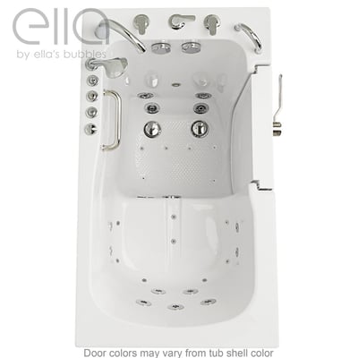 Overhead view of the Ella Monaco walk-in tub showing hydro jets, anti-slip floor, grab bar, and outward swing door