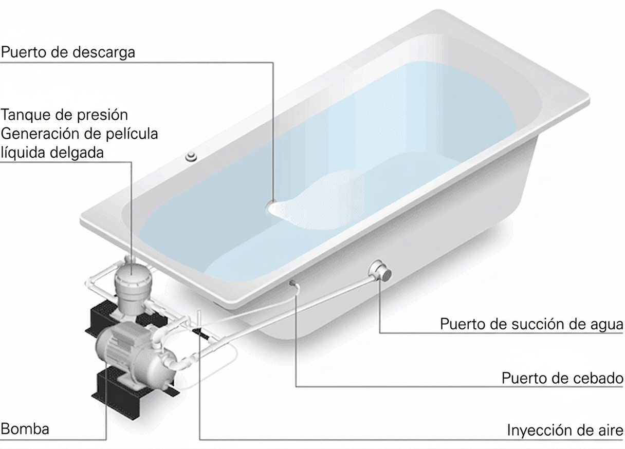 Diagrama etiquetado del sistema de terapia de microburbujas de la bañera con puerta Ella que muestra la bomba, el tanque de presión, la inyección de aire y los puertos de succión de agua