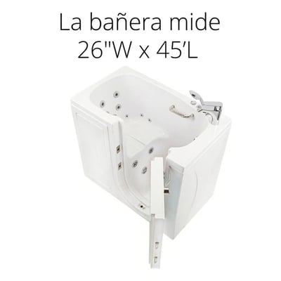 Bañera de acceso lateral Ella Mobile de 66x114 cm con puerta abierta de apertura exterior que muestra hidrochorros y grifería cromada