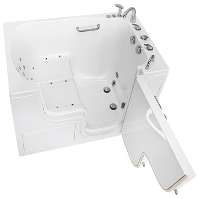 White Ella walk-in tub with open outward swing door showing hydro and air jets, grab bar, anti-slip seat, and chrome faucet fixtures