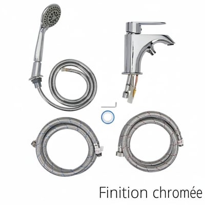 Kit de robinetterie pour baignoire à porte finition chrome avec douchette à main, flexibles tressés et robinet de remplissage à levier unique