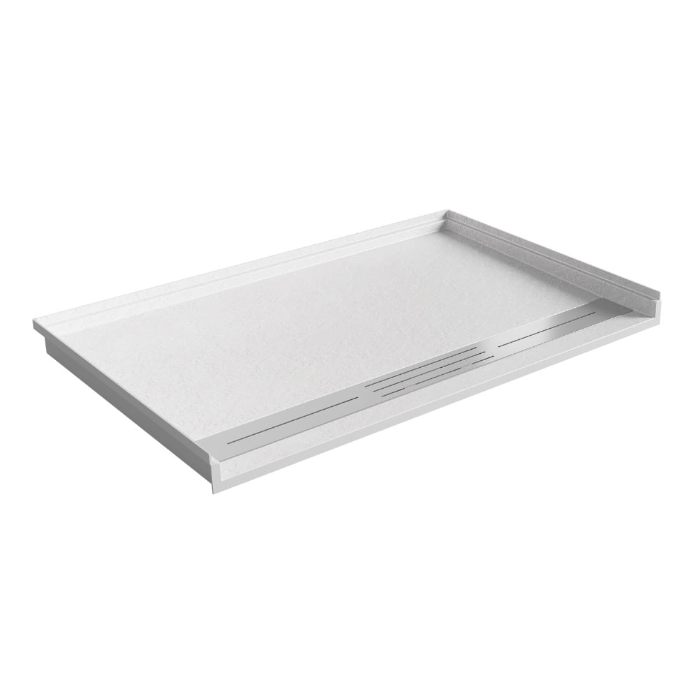 White acrylic accessible shower pan with low-threshold entry and linear stainless steel drain on a white background