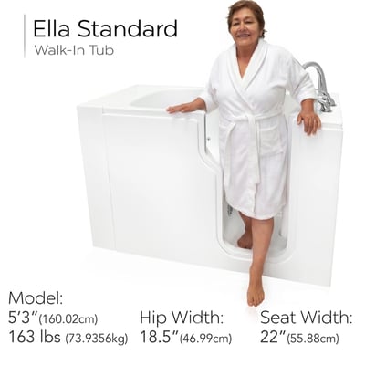 Woman in white robe standing in Ella Standard walk-in tub with dimensions showing 30x52 size, 22-inch seat width
