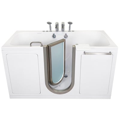 White Ella Escape two-seat walk-in tub with open outward-swing door, chrome faucet set, grab bar, and anti-slip floor