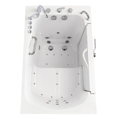 Top-down view of a white Transfer XL walk-in tub with outward swing door, hydrotherapy jets, grab bar, and chrome faucet fixt