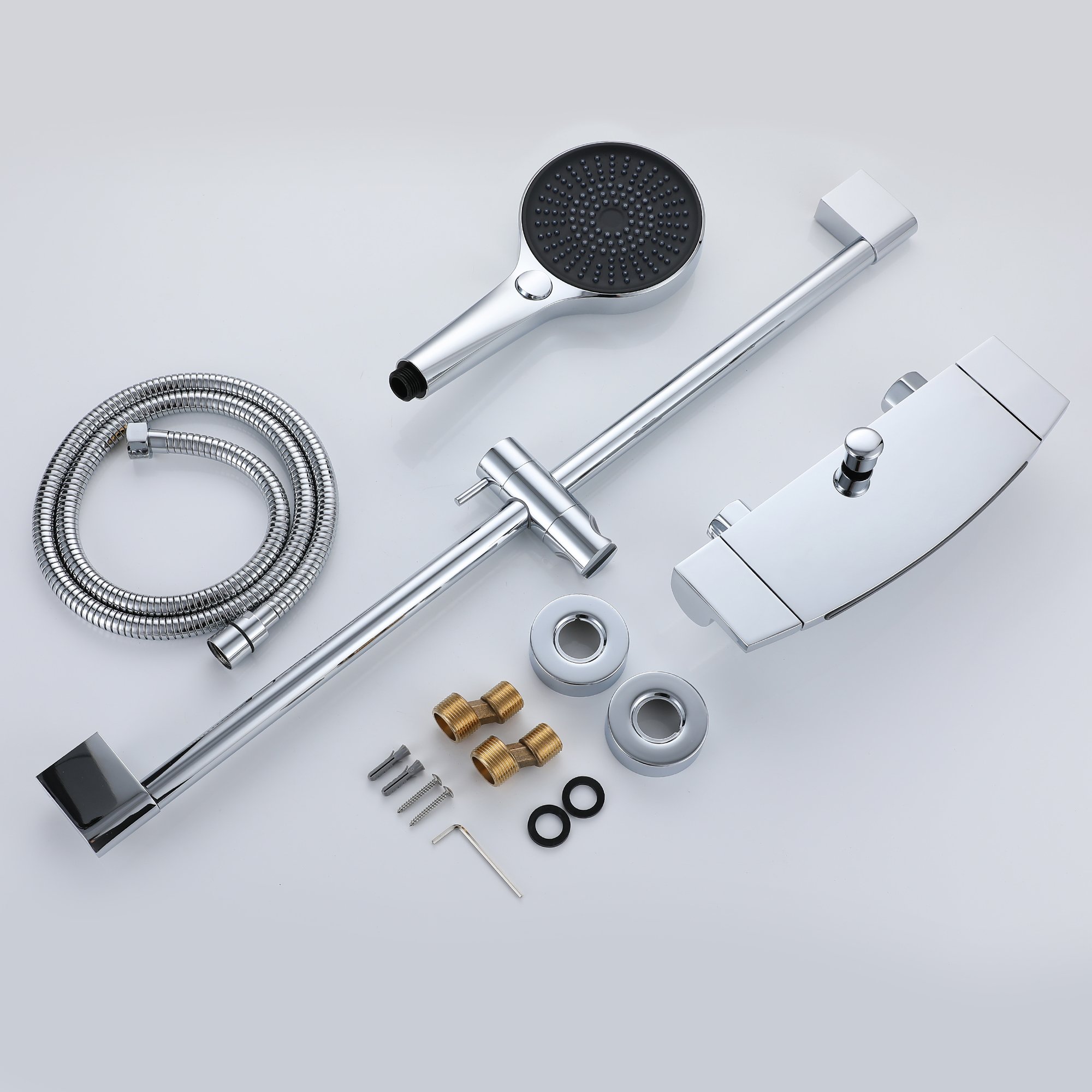 Chrome handheld shower kit with slide bar, flexible hose, wall bracket, fittings, and hardware laid flat on white background